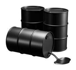 Black oil barrels with spilled crude oil isolated on transparent background 3D render