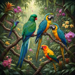 Obraz premium A vibrant depiction of exotic birds perched on branches showcasi