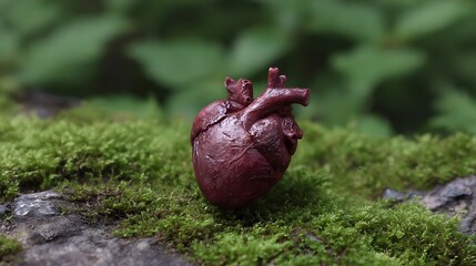 Fototapeta premium A miniature anatomical heart sculpture rests on mossy ground with blurred green foliage in the background