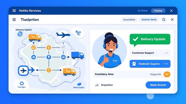 Logistic service preview with woman agent supporting delivery process on screen