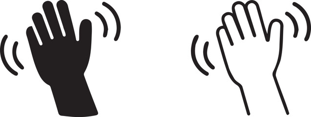 Set of 2 Waving Hand Icons Vector - Black Silhouette and Outline Style for Greetings, Farewell, or Attention-Grabbing UI Elements © usmi