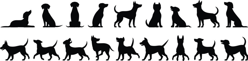 Dog silhouette collection featuring different poses of domestic dogs including sitting standing running and walking isolated on white background, vector animal set for pet design and icons © Nur