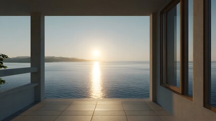 Fototapeta premium Tranquil balcony view of a serene sea at sunrise or sunset with golden sunlight reflecting on water