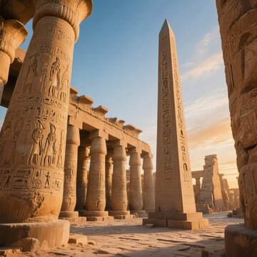 A vast complex with colossal columns obelisks and intricate hier