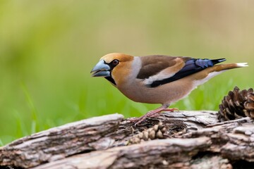 Fototapeta premium A beautiful male hawfinch sits on the branch. Closeup portrait of a hawfinch. Coccothraustes coccothraustes