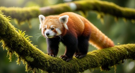 Young Red Panda Walking on Mossy Tree Branch in Forest Setting