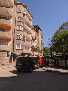 Residential buildings from the socialist era in Lom Bulgaria, sunny summer day 