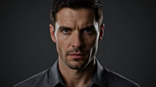 Close up portrait of a man looking directly at the camera with dark background