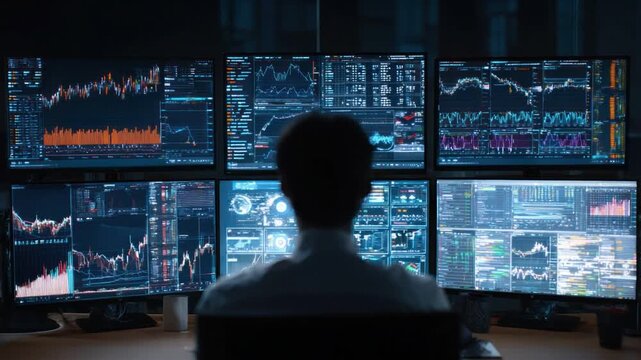 Market Analysis: A focused analyst immersed in the complex world of market data, studying detailed graphs, charts, and figures to interpret trends and make informed decisions.
