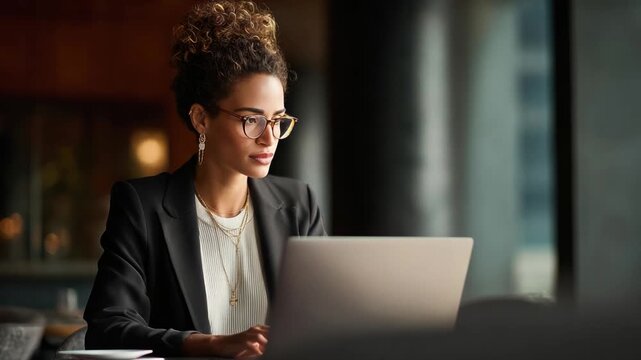 Focused Professional: A poised professional woman, engrossed in her work on a sleek laptop, embodies diligence and modern work ethic. Capturing focus, professionalism, and dedication.