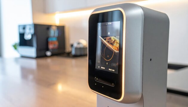 Close up of a smart food dispenser with a digital screen displaying food recognition and user biometric data in a modern kitchen setting.