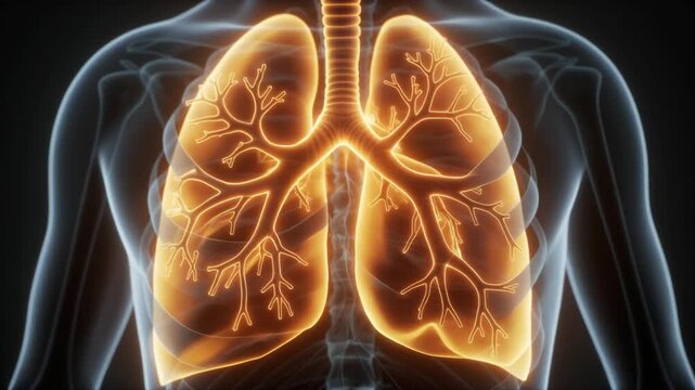 Human lungs highlighted in orange, visible through transparent body, showcasing respiratory system anatomy from a front view