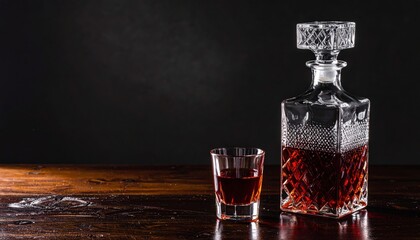 Crystal decanter filled with amber liquid alongside a single glass, ready for pouring and enjoyment