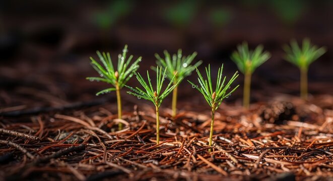 Close-up of Fresh Pine Seedlings Growing in Rich Soil for Reforestation and Ecology