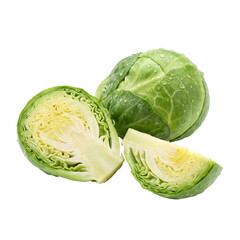 Fototapeta premium Fresh and vibrant green Brussels sprouts, meticulously presented both whole and neatly cut, highlighting their crisp texture and healthy appeal for culinary uses
