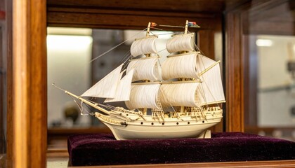 Exquisite carved ivory miniature sailing ship model with detailed rigging and painted flags displayed on velvet