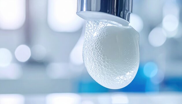 Close-up of nutrient-rich protein gel dispensed from an advanced dispenser, highlighting its texture and consistency for advanced nutrition and health.