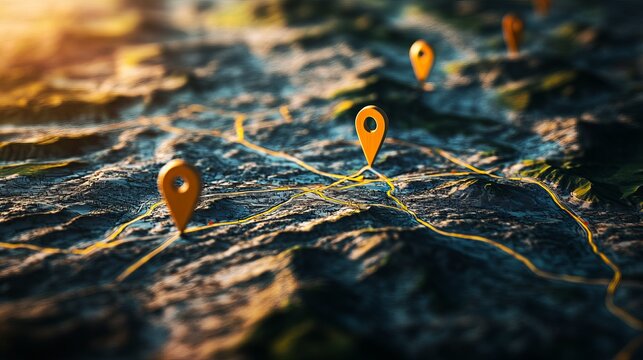 A close-up view of a map with several orange location pins marking important destinations on a textured surface