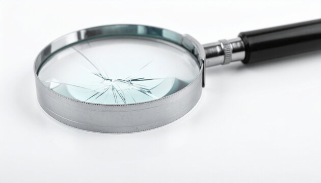 Broken magnifying glass on white background symbolizing damage and analysis