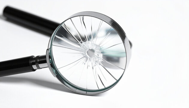 Broken magnifying glass on white background reveals damage and concept