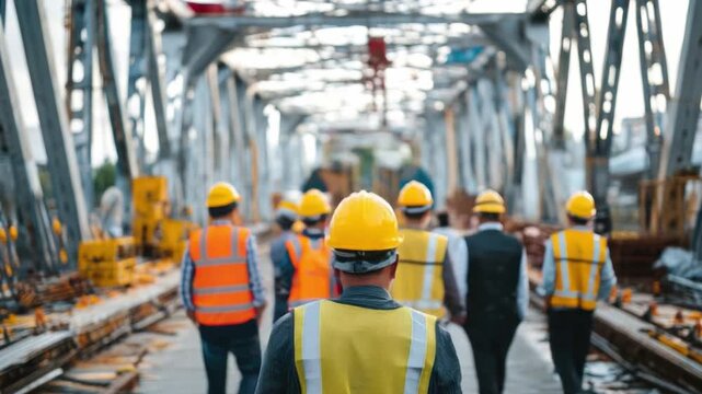Construction Crew in Progress: A team of construction workers is working on a bridge, viewed from the rear, emphasizing dedication and expertise.