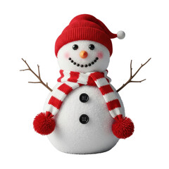 pristine, plump white snowman, red knitted scarf and hat, coal features, and carrot nose, isolated on a transparent background, concept of festive winter holiday symbol