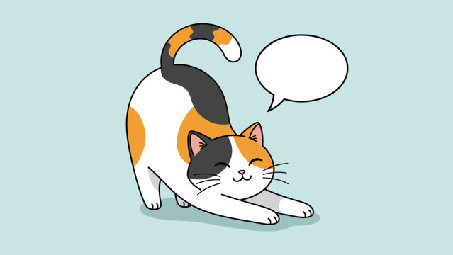 Adorable calico cat performing a deep morning stretch while accompanied by a blank speech bubble for adding personalized pet messages.