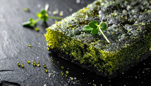 Nutrient Dense Seaweed Bar with Embedded Microalgae and Fresh Sprouts on Dark Surface