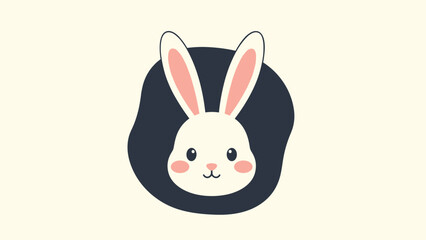 Obraz premium Cute white rabbit face with long ears and pink cheeks centered in a dark organic shape on a cream background.