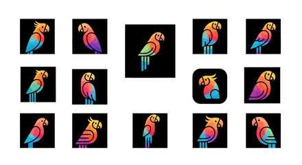 Fototapeta premium Colorful parrot icon set on black background vector graphics for design
