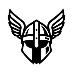 Logo casco vikingo nórdico. Icono con casco bárbaro con alas de ave © teracreonte