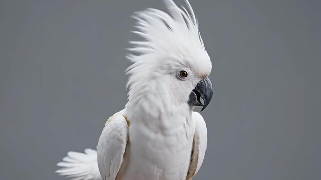 A striking white cockatoo with a prominent crest stands out against a muted gray background