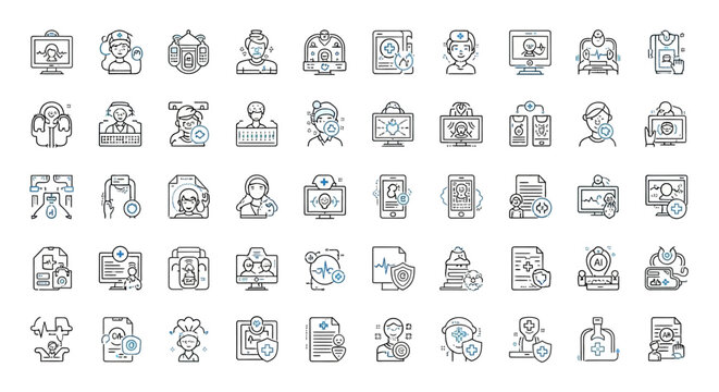 Comprehensive collection of IT and cybersecurity outline icons in an organized grid, isolated white background.