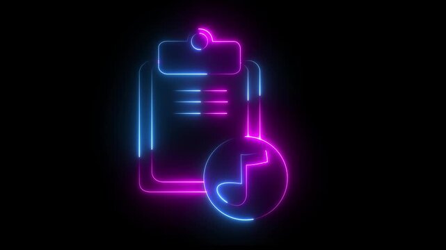 Neon light effect animation of a clipboard icon with a musical note , check list line icon design for web design. checklist on clipboard with boxes being ticked..