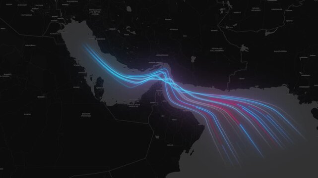 Hormuz channel glowing line map animation on the dark world map, maritime routes, and the Arabian Gulf region.