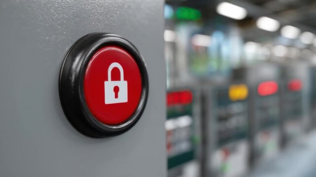 Security Button Alert: A close-up view of a security button with a padlock symbol, representing safety and protection, against a blurred background. 