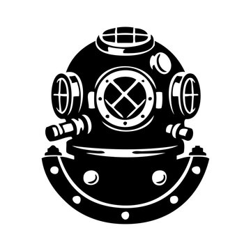 Logo club de submarinismo. Casco de buceo antiguo. Equipo de buceo antiguo.