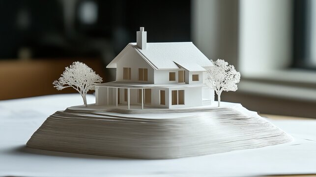 A white paper model of a house with trees on a table in a room with a window