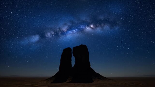 Silhouetted rock formations against a starry night sky with the Milky Way