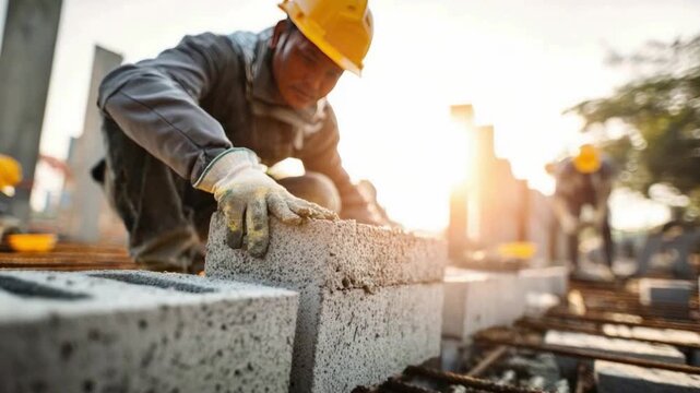 Construction Worker at Work: A construction worker in a yellow hard hat meticulously lays a concrete brick, a symbol of hard work and building a foundation. The scene is illuminated by warm sunlight.