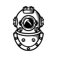 Logo club de submarinismo. Casco de buceo antiguo. Equipo de buceo antiguo con líneas  © teracreonte