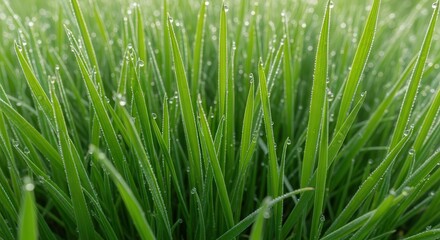 Close-up of Fresh Green Grass with Dew Drops for Nature and Environment Use