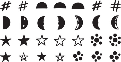 Fototapeta premium Celestial moon phases stars hashtag symbols and decorative dot patterns in hand drawn black ink style for design layouts