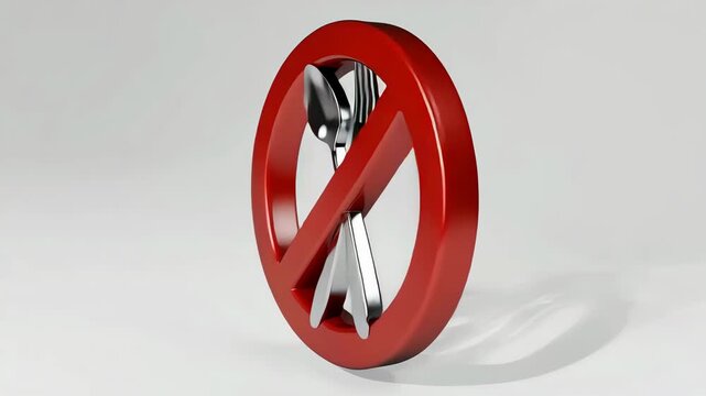 No Cutlery Allowed Sign with Fork and Spoon in Red Prohibition Circle 3D Render