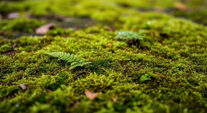 Close-Up of Vibrant Green Moss Growing on Forest Floor with Tiny Ferns