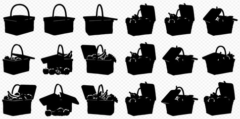 Set of various black silhouettes of picnic baskets, some filled with food, on a transparent background, perfect for outdoor and leisure themes. © Akun
