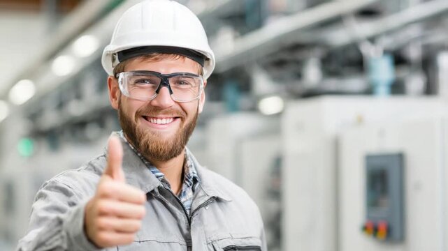 Industry Professional: A skilled and content engineer, adorned in essential safety gear, delivers an enthusiastic thumbs-up, showcasing confidence and expertise.
