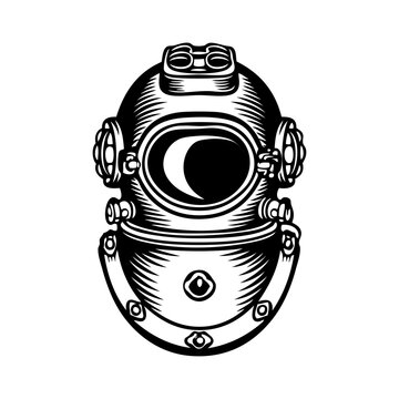 Logo club de submarinismo. Casco de buceo antiguo. Equipo de buceo antiguo con l&iacute;neas 