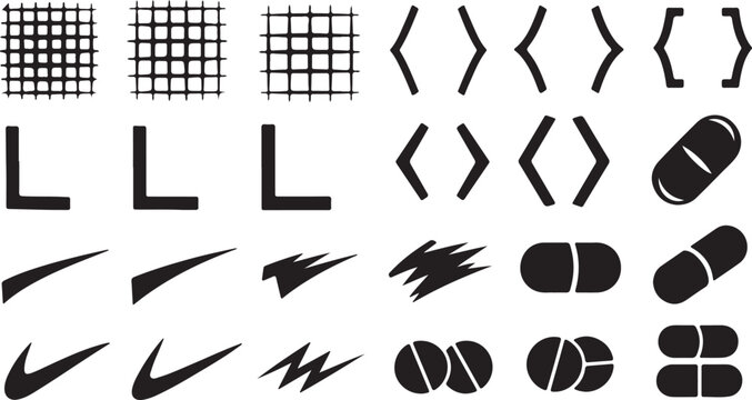 Set of grid patterns, brackets, swooshes, and pill shapes for design purposes on transparent background