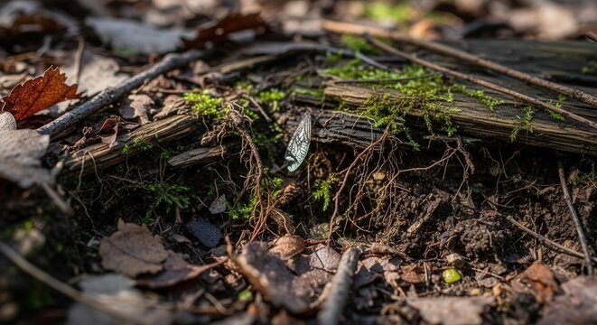 Close-up of Moss and Fallen Leaves on Forest Floor with Tiny Insect